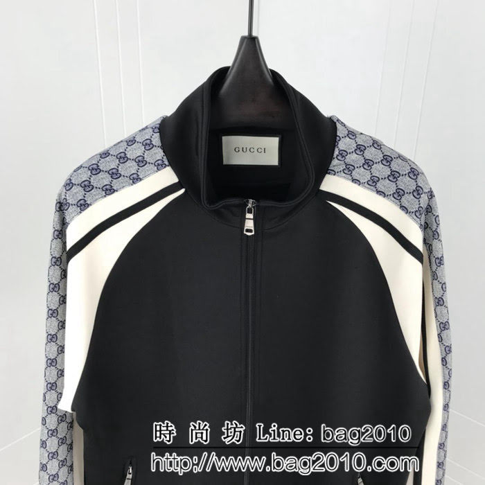 GUCCI古馳 19SS GG jersey 黑拼米 側邊老花logo 夾克套裝 純棉面料 側邊數碼老花logo印花貼布拼接 高版本男女同款 ydi2516